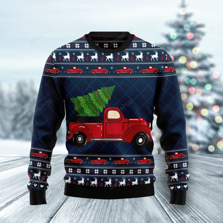 Vintage Red Truck Ugly Christmas Sweater , Vintage Red Truck 3D All Over Printed Sweater