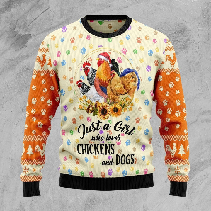 Just A Girl Who Loves Chickens And Dogs Ugly Christmas Sweater , Chickens And Dogs 3D All Over Printed Sweater