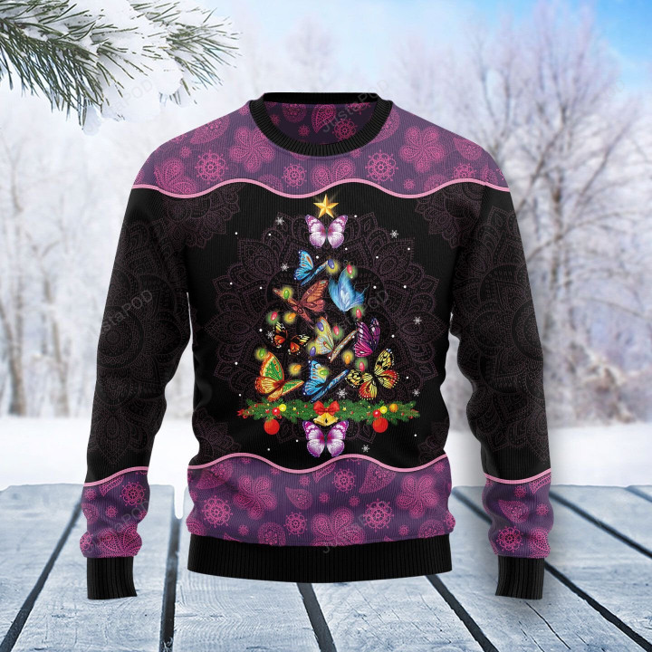 Butterfly Christmas Tree Ugly Christmas Sweater , Butterfly Christmas Tree 3D All Over Printed Sweater