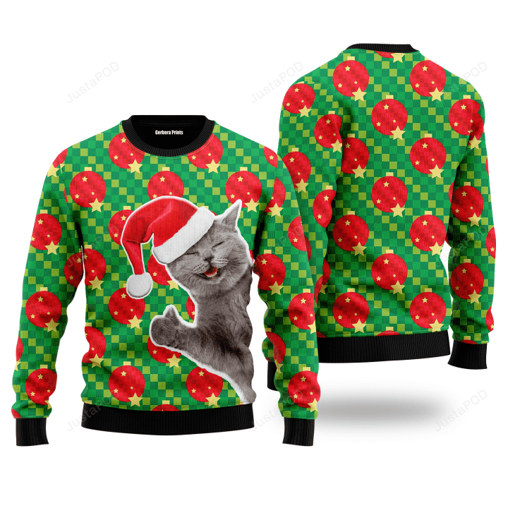 Happy Cat With Ornarment Christmas Ball Ugly Christmas Sweater , Happy Cat With Ornarment Christmas Ball 3D All Over Printed Sweater
