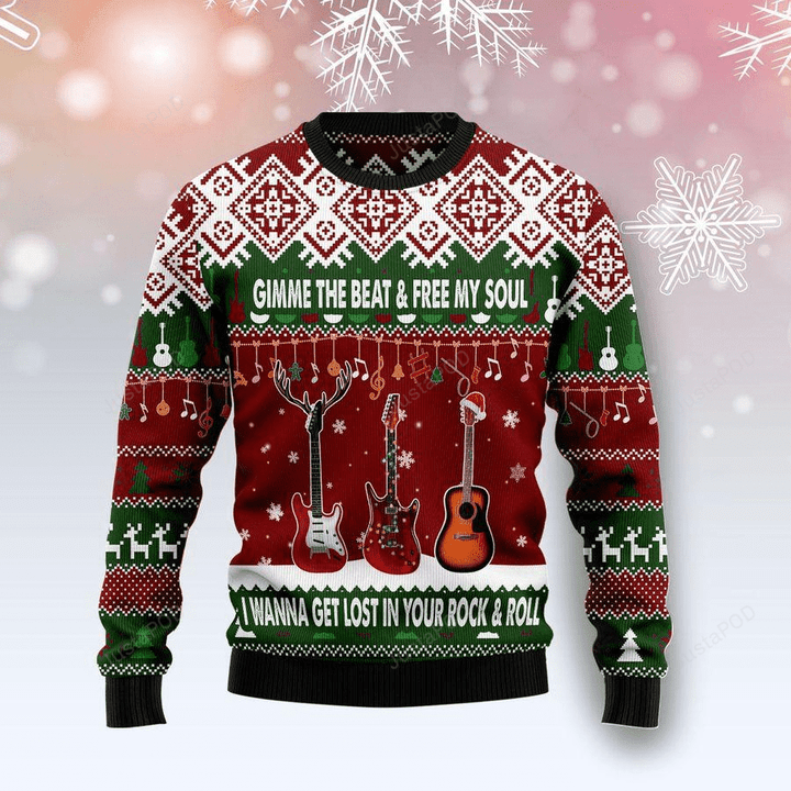 Guitar Gimme The Beat And Free My Soul Ugly Christmas Sweater , Guitar Gimme The Beat And Free My Soul 3D All Over Printed Sweater