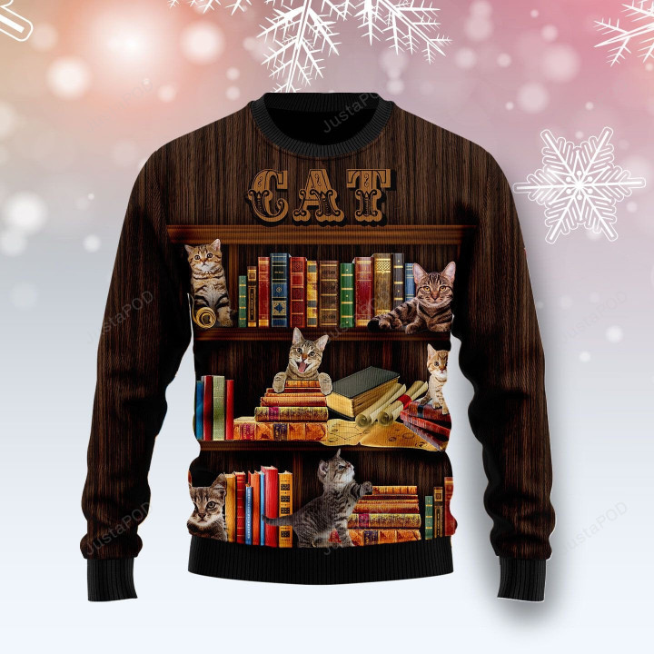 Cat Bookcase Ugly Christmas Sweater , Cat Bookcase 3D All Over Printed Sweater