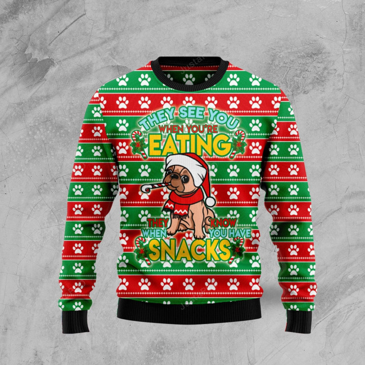 French Bulldog See You Eating Snacks Ugly Christmas Sweater, French Bulldog See You Eating Snacks 3D All Over Printed Sweater
