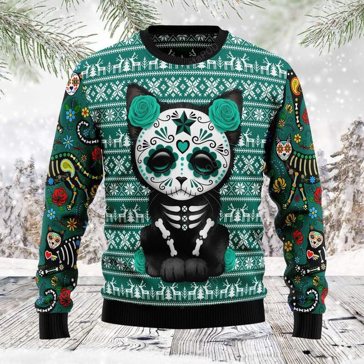 Cat Sugar Skull Ugly Christmas Sweater, Cat Sugar Skull 3D All Over Printed Sweater