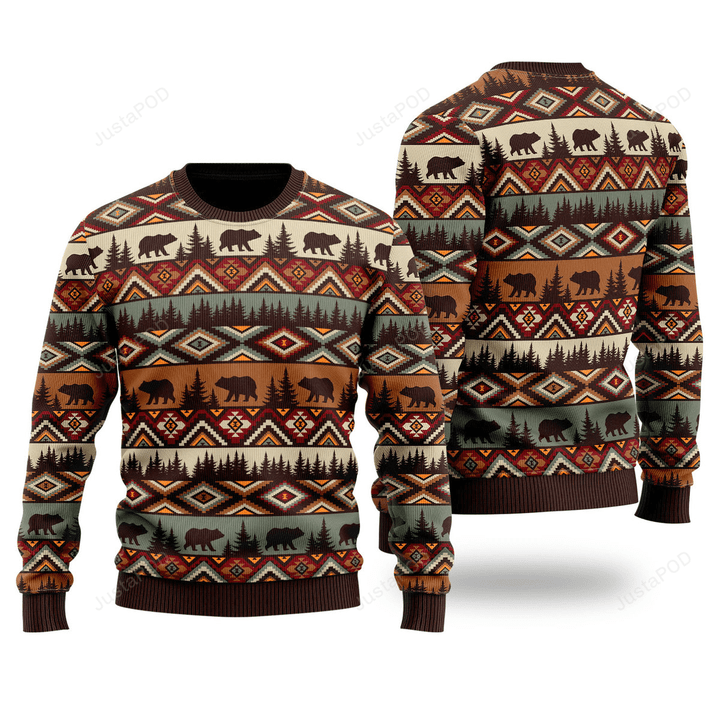 Brown Tribal Bear And Fir Tree Pattern Ugly Christmas Sweater, Brown Tribal Bear And Fir Tree Pattern 3D All Over Printed Sweater