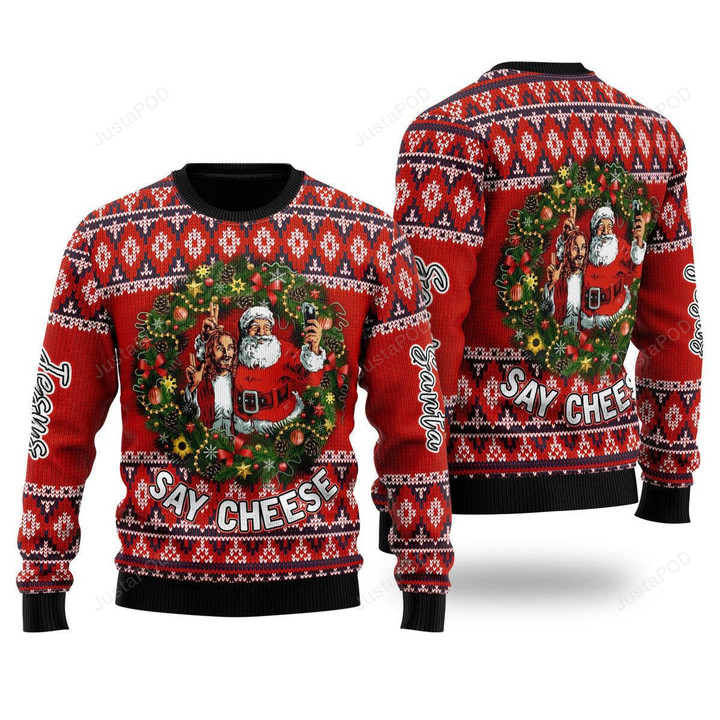 Funny Jesus And Santa Say Cheese Ugly Christmas Sweater, Funny Jesus And Santa Say Cheese 3D All Over Printed Sweater