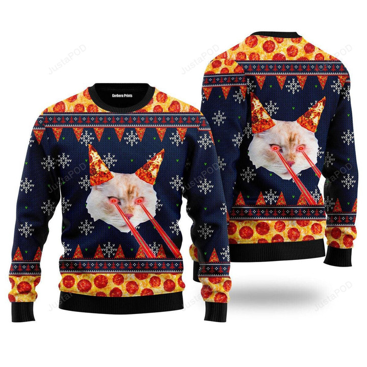 Pizza Cat With Laser Eyes Ugly Christmas Sweater, Pizza Cat With Laser Eyes 3D All Over Printed Sweater