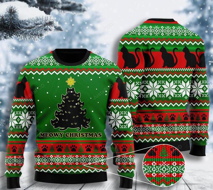 Black Cat Meowy Christmas Tree Ugly Christmas Sweater, Black Cat Meowy Christmas Tree 3D All Over Printed Sweater