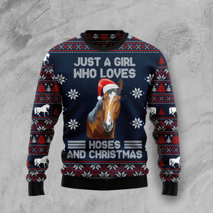 Just A Girl Who Loves Horse And Christmas Ugly Christmas Sweater, Just A Girl Who Loves Horse And Christmas 3D All Over Printed Sweater