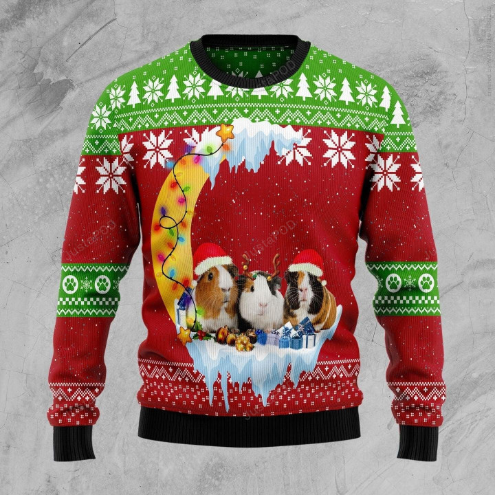 Guinea Pig Love Moon Xmas Ugly Christmas Sweater, Guinea Pig Love Moon Xmas 3D All Over Printed Sweater