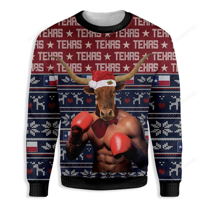Texas Boxing Longhorn Ugly Christmas Sweater, Texas Boxing Longhorn 3D All Over Printed Sweater