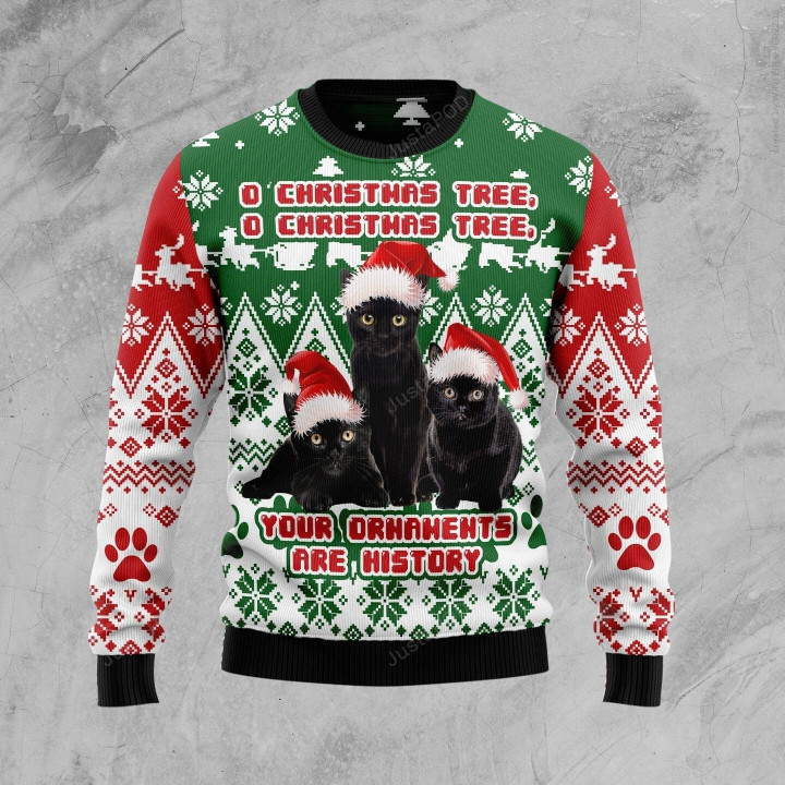 Black Cat Oh Christmas Tree Ugly Christmas Sweater, Black Cat Oh Christmas Tree 3D All Over Printed Sweater