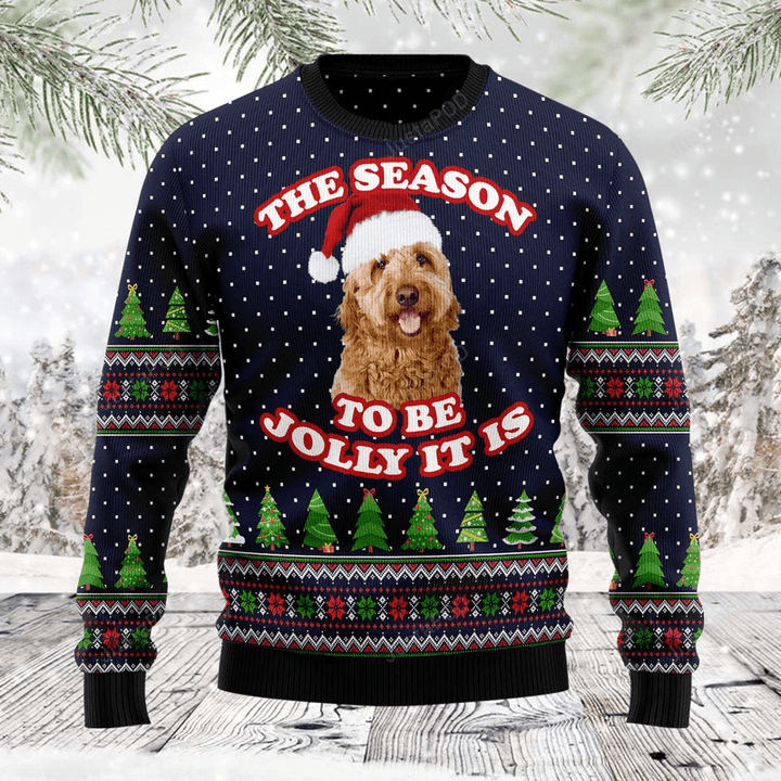 The Season To Be Jolly Goldendoodle Ugly Christmas Sweater, The Season To Be Jolly Goldendoodle 3D All Over Printed Sweater