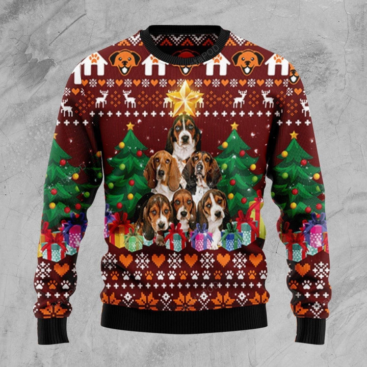 Basset Hound Pine Tree Ugly Christmas Sweater, Basset Hound Pine Tree 3D All Over Printed Sweater