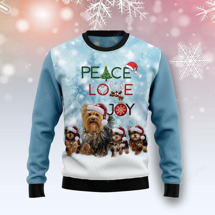 Yorkshire Terrier Peace Love Joy Ugly Christmas Sweater, Yorkshire Terrier Peace Love Joy 3D All Over Printed Sweater