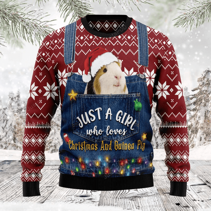 Just A Girl Who Loves Christmas And Guinea Pig Ugly Christmas Sweater, Just A Girl Who Loves Christmas And Guinea Pig 3D All Over Printed Sweater