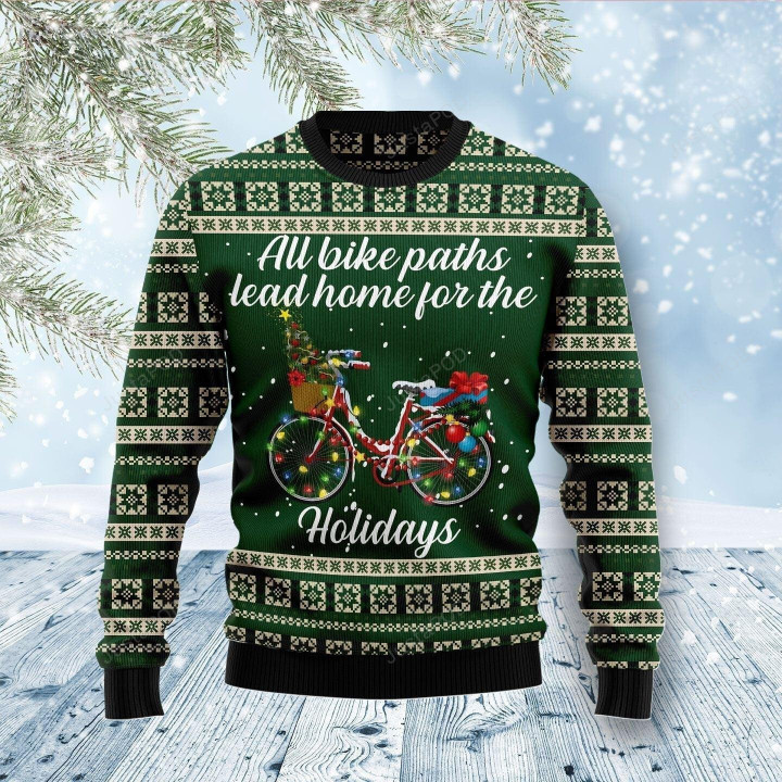 All Bike Paths Lead Home For The Holiday Ugly Christmas Sweater , All Bike Paths Lead Home For The Holiday 3D All Over Printed Sweater