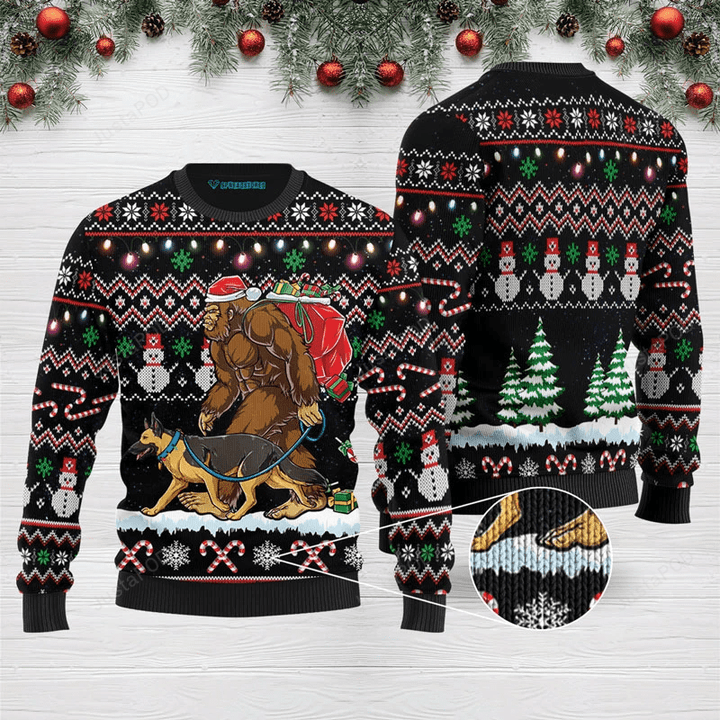 Big Foot And Dog Walking Ugly Christmas Sweater, Big Foot And Dog Walking 3D All Over Printed Sweater