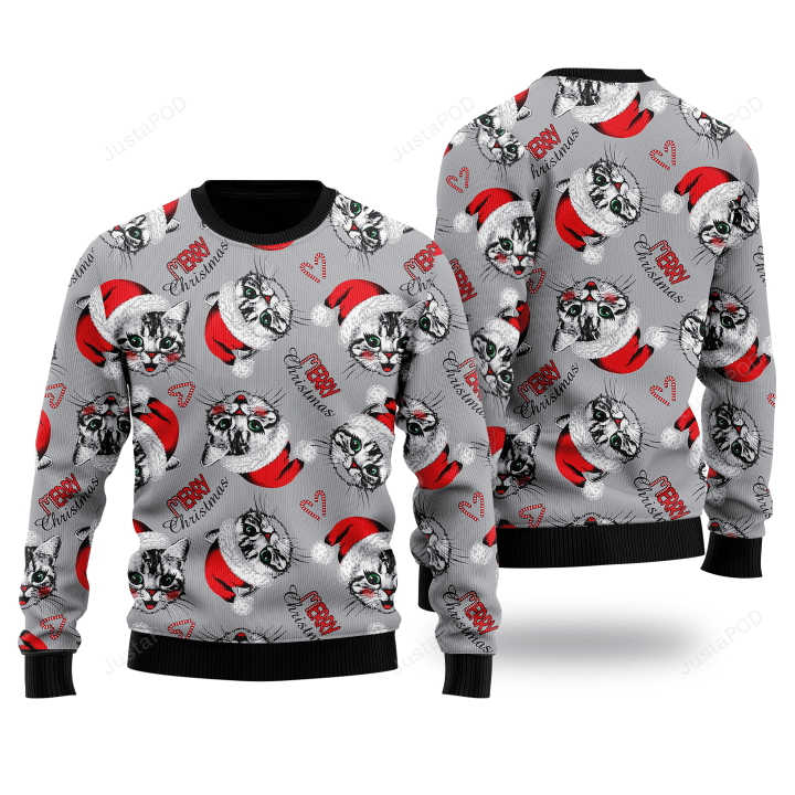 Happy Kitten Cat Merry Xmas Pattern Ugly Christmas Sweater, Happy Kitten Cat Merry Xmas Pattern 3D All Over Printed Sweater