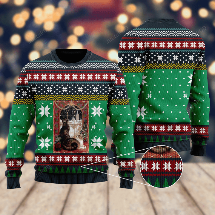 Cat Christmas Snow Window Ugly Christmas Sweater, Cat Christmas Snow Window 3D All Over Printed Sweater