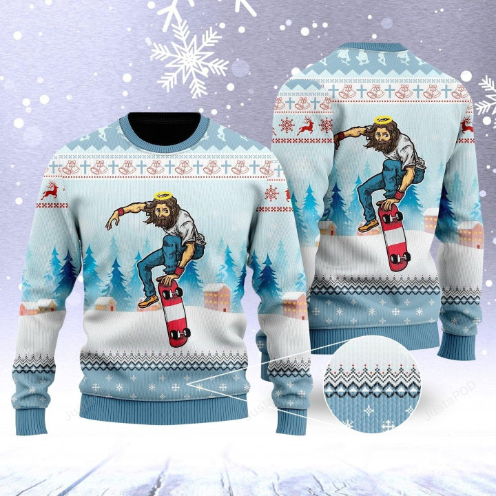 Funny Jesus Skateboarding Christmas Ugly Christmas Sweater, Funny Jesus Skateboarding Christmas 3D All Over Printed Sweater