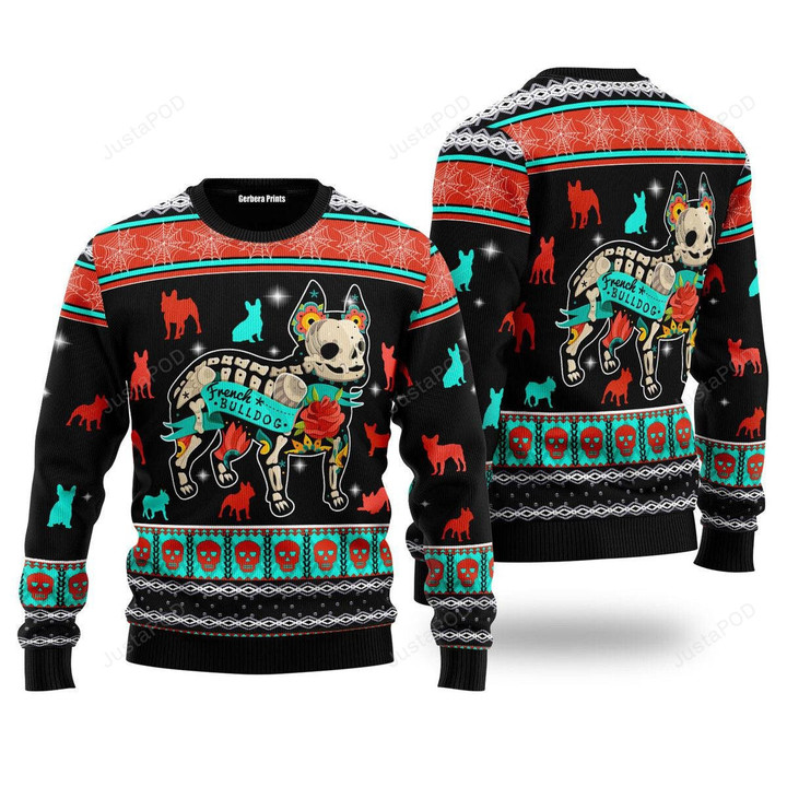 Halloween Skeleton French Bulldog Ugly Christmas Sweater, Halloween Skeleton French Bulldog 3D All Over Printed Sweater