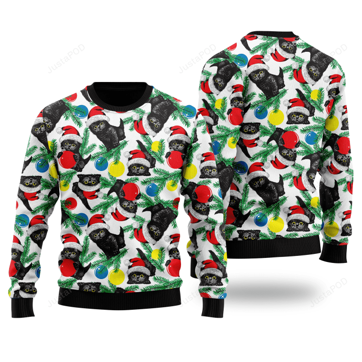 Black Cat With Xmas Balls Ugly Christmas Sweater | For Men & Women | HS2119