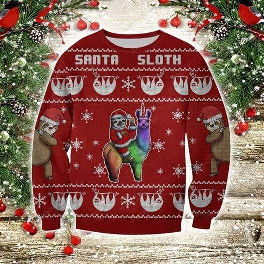 Santa Sloth With Llama Red Ugly Christmas Sweater, Santa Sloth With Llama Red 3D All Over Printed Sweater