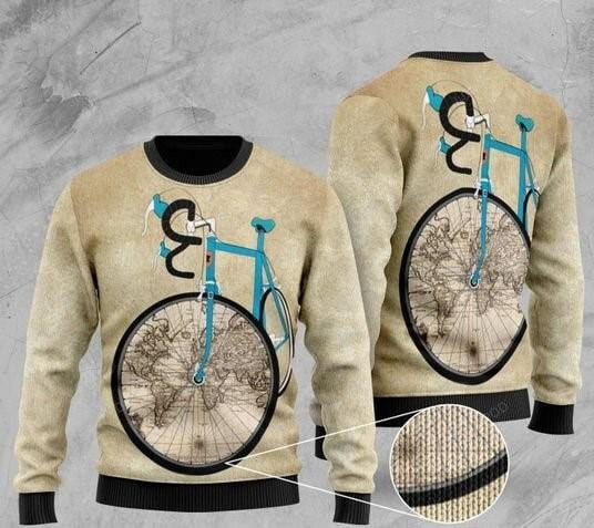 Bicycle And World Map Ugly Christmas Sweater, Bicycle And World Map 3D All Over Printed Sweater