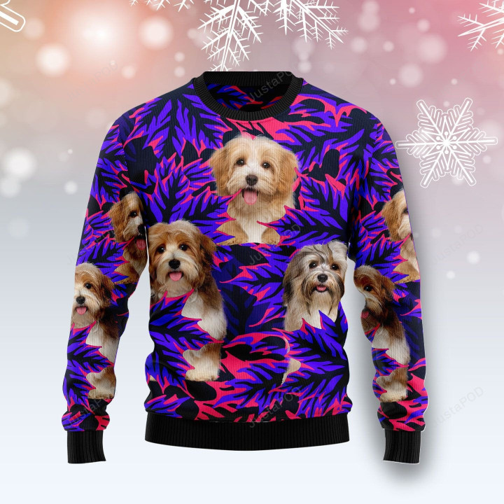 Havanese Leaves Ugly Christmas Sweater, Havanese Leaves 3D All Over Printed Sweater