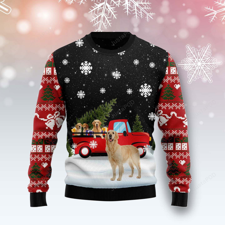 Golden Retriever Red Truck Ugly Christmas Sweater, Golden Retriever Red Truck 3D All Over Printed Sweater