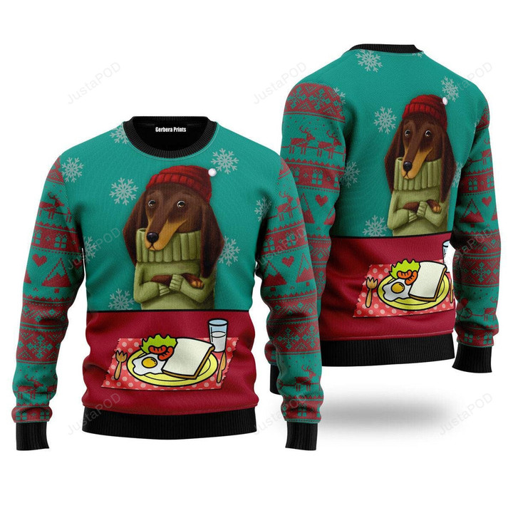 Funny Dachshund Breakfast Ugly Christmas Sweater, Funny Dachshund Breakfast 3D All Over Printed Sweater