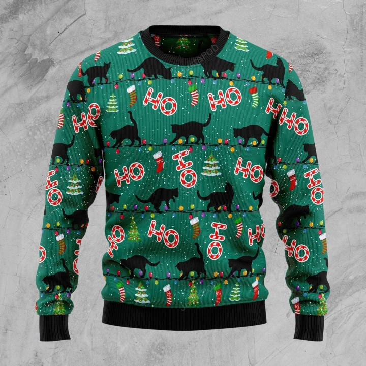 Black Cat Ho Ho Ho Ugly Christmas Sweater, Black Cat Ho Ho Ho 3D All Over Printed Sweater