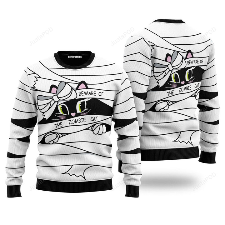 Be Ware Of A Zombie Cat Halloween Ugly Christmas Sweater, Be Ware Of A Zombie Cat Halloween 3D All Over Printed Sweater