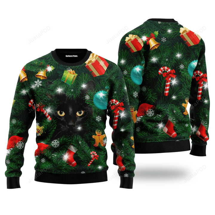 Black Cat Inside Tree Ugly Christmas Sweater, Black Cat Inside Tree 3D All Over Printed Sweater