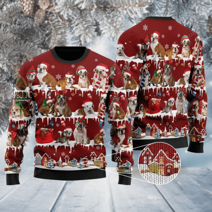 English Bulldog Ugly Christmas Sweater, English Bulldog 3D All Over Printed Sweater