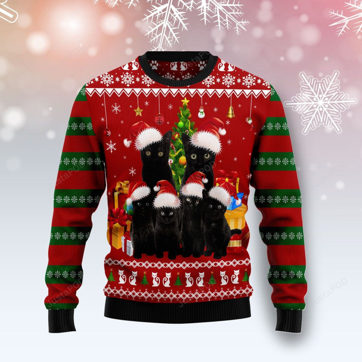 Black Cat Family Christmas Ugly Christmas Sweater, Black Cat Family Christmas 3D All Over Printed Sweater