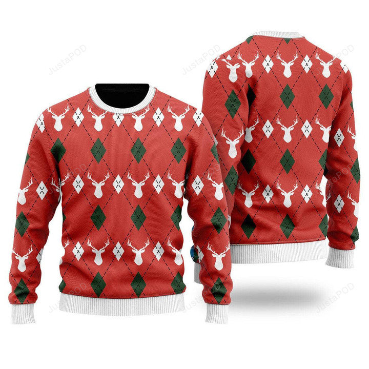 Red Argyle Reindeer Ugly Christmas Sweater, Red Argyle Reindeer 3D All Over Printed Sweater