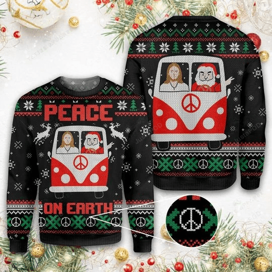 Jesus & Santa Peace On Earth Ugly Christmas Sweater, Jesus & Santa Peace On Earth 3D All Over Printed Sweater