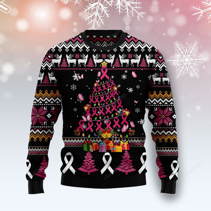 Breast Cancer Awareness Christmas Tree Ugly Christmas Sweater, Breast Cancer Awareness Christmas Tree 3D All Over Printed Sweater