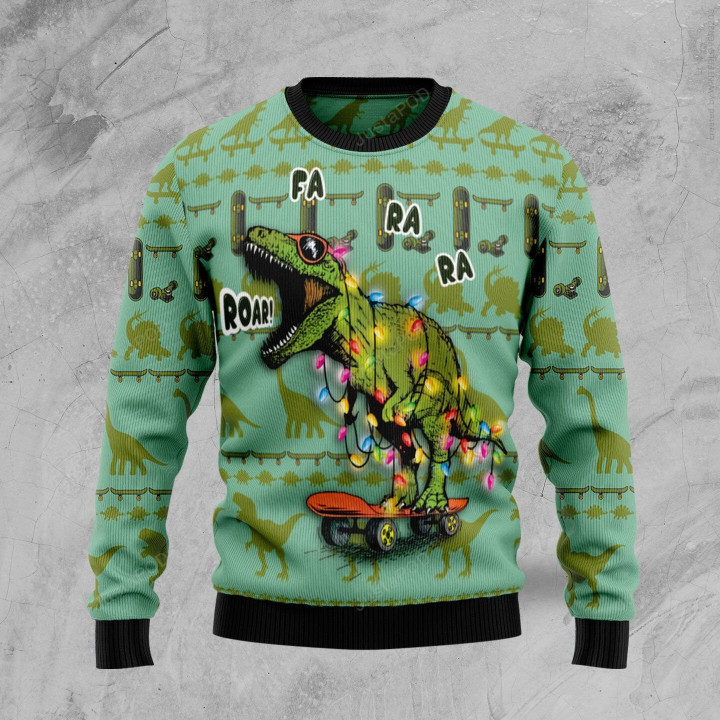 Skateboard Dinosaur Ugly Christmas Sweater, Skateboard Dinosaur 3D All Over Printed Sweater
