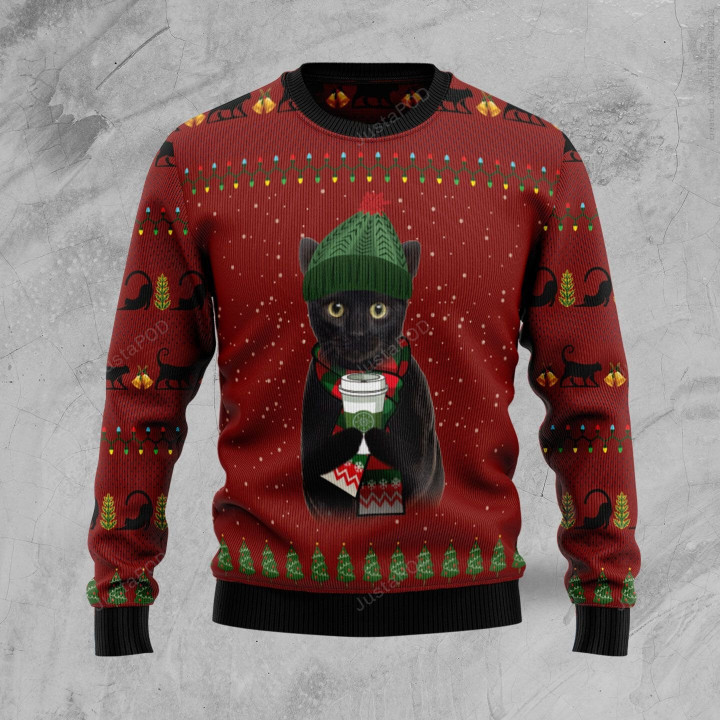 Black Cat Coffee Ugly Christmas Sweater, Black Cat Coffee 3D All Over Printed Sweater