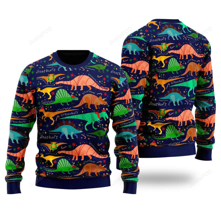 Colorful Dinosaur Pattern Ugly Christmas Sweater, Colorful Dinosaur Pattern 3D All Over Printed Sweater