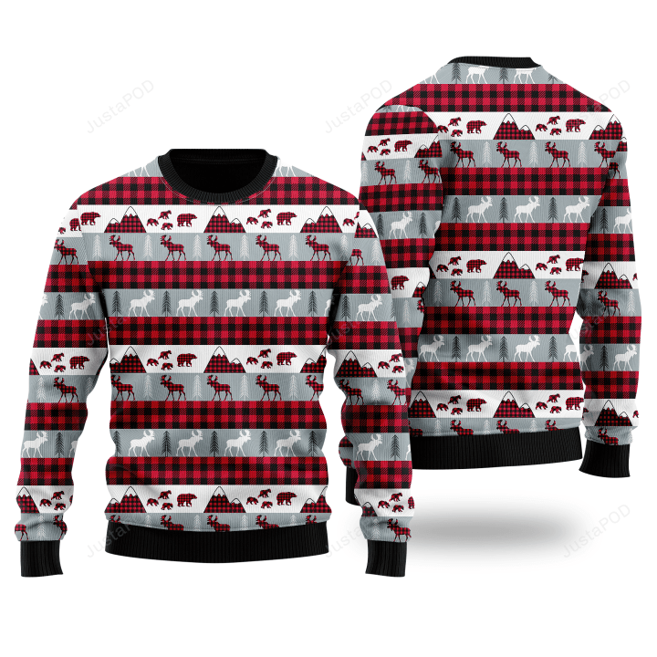 Reindeer And Beer On Buffalo Plaid Pattern Ugly Christmas Sweater, Reindeer And Beer On Buffalo Plaid Pattern 3D All Over Printed Sweater