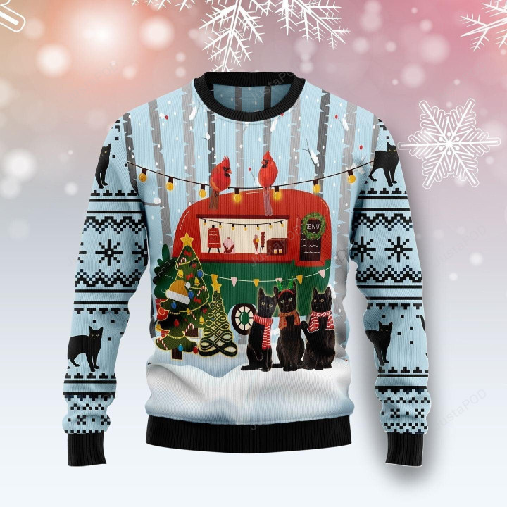 Black Cat Love Camping Ugly Christmas Sweater, Black Cat Love Camping 3D All Over Printed Sweater