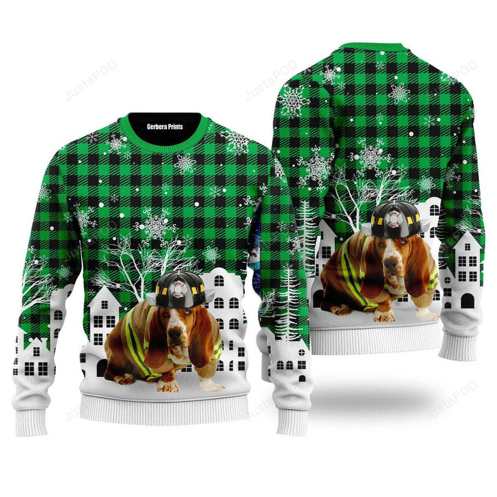 Basset Hound Costume Firefighter In Christmas City Pattern Ugly Christmas Sweater, Basset Hound Costume Firefighter 3D All Over Printed Sweater