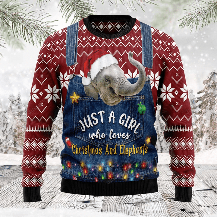 Just A Girl Who Loves Christmas And Elephants Ugly Christmas Sweater, Just A Girl Who Loves Christmas And Elephants 3D All Over Printed Sweater