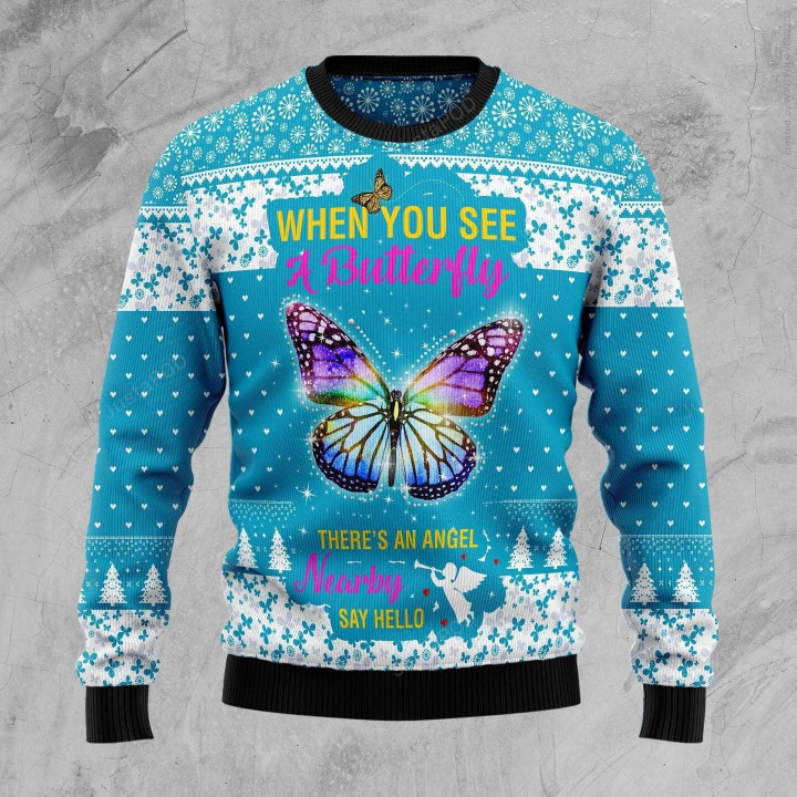Butterfly Nearby Say Hello Ugly Christmas Sweater, Butterfly Nearby Say Hello 3D All Over Printed Sweater