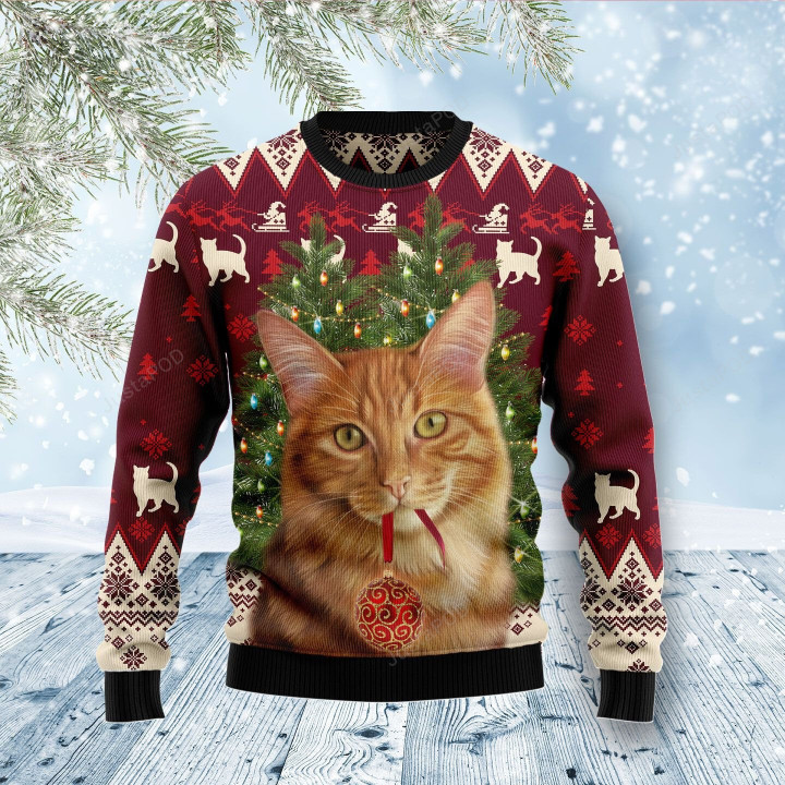 Cat Decor Pine Ugly Christmas Sweater, Cat Decor Pine 3D All Over Printed Sweater