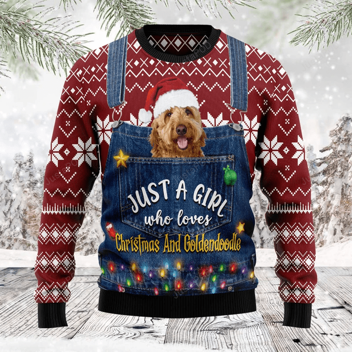 Just A Girl Who Loves Christmas And Goldendoodle Ugly Christmas Sweater, Goldendoodle 3D All Over Printed Sweater